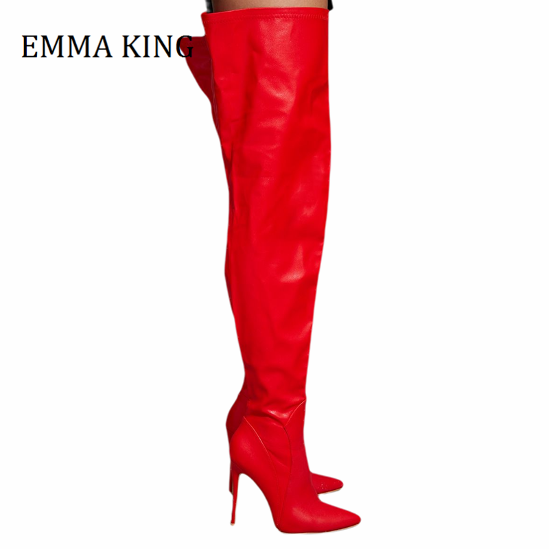 

2021 Spring Autumn Women High Heeled Sock Boots Faux Leather Stiletto Heel Thigh-High Boots Sexy Pointy Toe Woman Botas De Mujer, Black