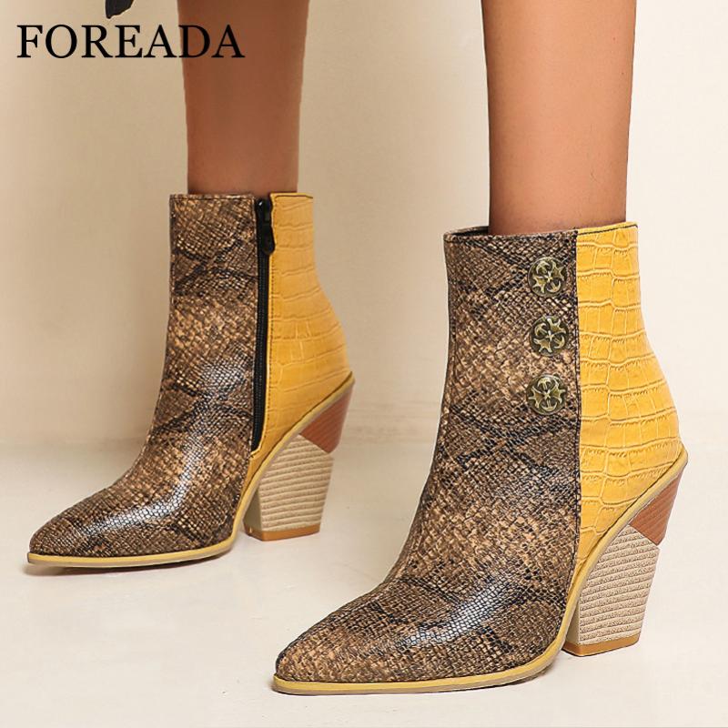 

FOREADA Snake Print Super High Heel Woman Boots Rivet Thick Heel Ankle Boots Pointed Toe Short Zip Female Shoes Winter 46, Black