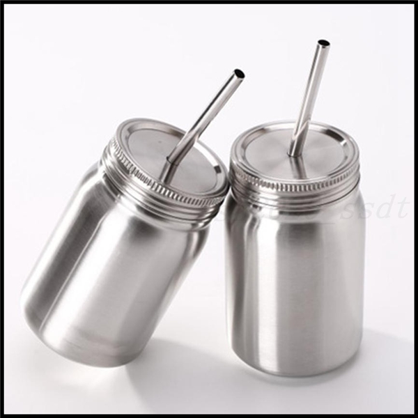 

500-700ml single double layer stainless steel Mason Tumbler Mason Jar with stainless steel straw and leak proof lid Water Bottle Cup ZZA750, As pic