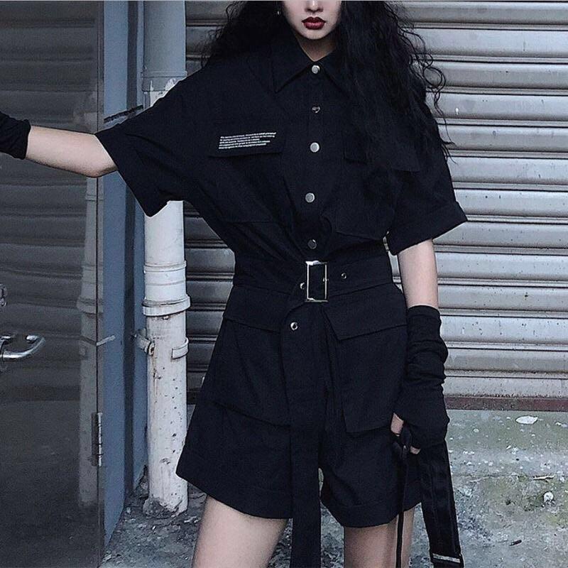 

TiLeewon Summer Overalls Black Color High Waist Short Sleeve Playsuits Wide Leg Straight Fashion Women Playsuits Solid Color