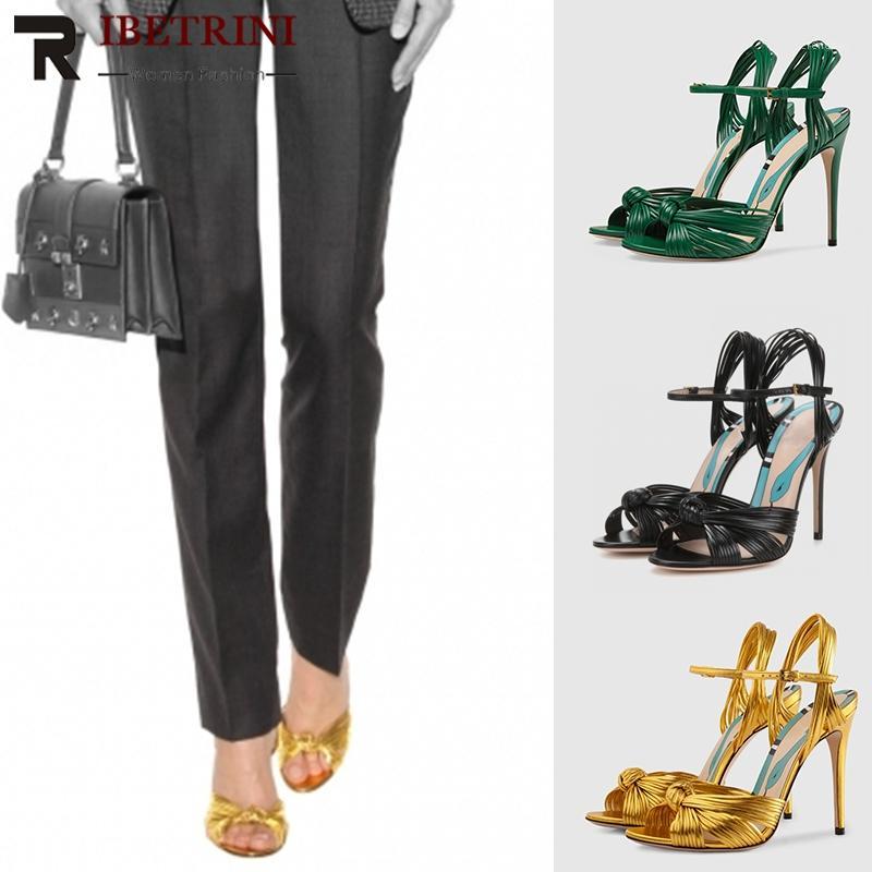 

RIBETRINI Runway Show Women Summer Sandals Whole Genuine Leather Sexy Thin High Heels Women Shoes Woman 34-431, Black