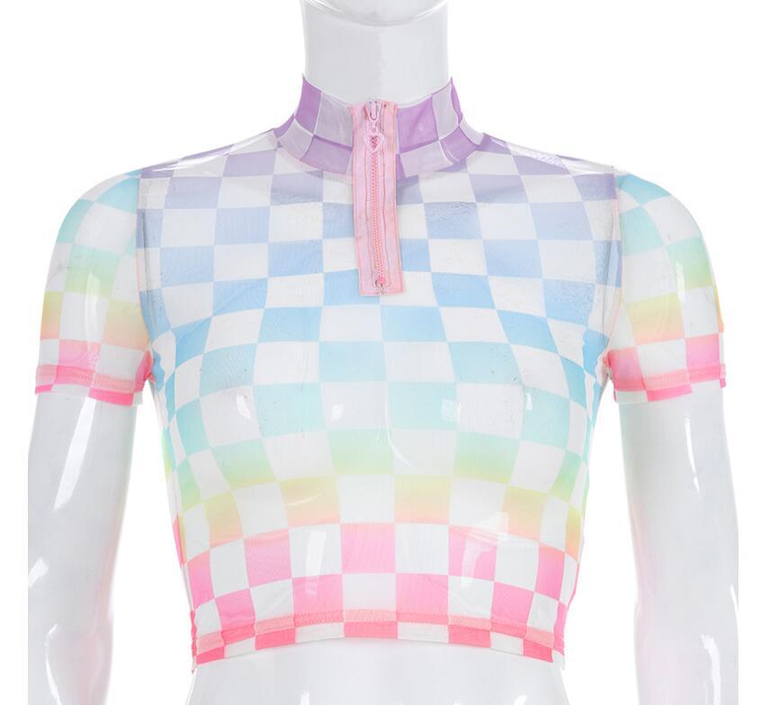 

Spring and summer women' new plaid printed high collar zipper short-sleeved T-shirt, As pic