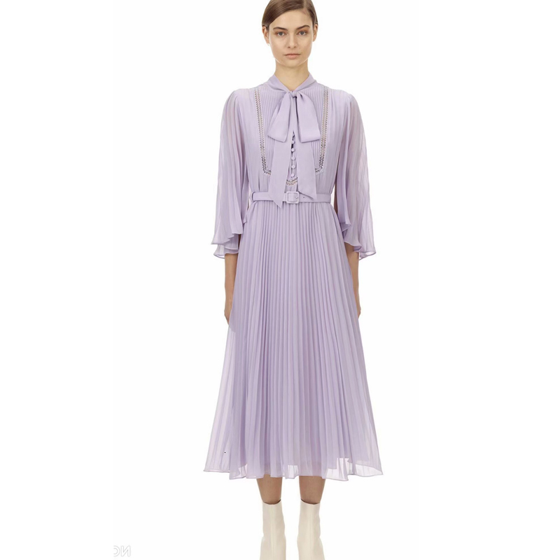 

Bowknot Single-breasted Autumn Half Sleeve Party Soluble Belt in Water Flower Middle Length Plied Dress of High Quality Ladies I37h, Lavender