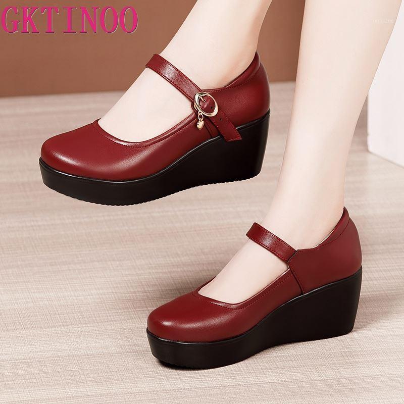 

GKTINOO 2020 Spring Leather Shoes Women Platform Wedges Shoe High Heels Round Toe Soft Sole White Women Pumps Large Size 33-431, 3036 brown