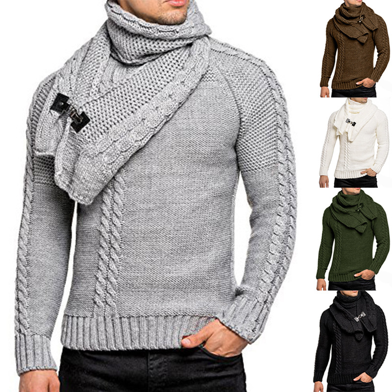 

White gray brown black army green sweater European American fashion men's collar slim pullover knitted sweaters men
