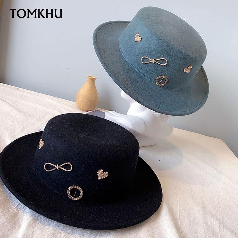 

Stingy Brim Hats Winter Autumn Wool For Women Fedoras Top Jazz European American Caps Flat Fashion Decorative Cap Feminino Gorra, White