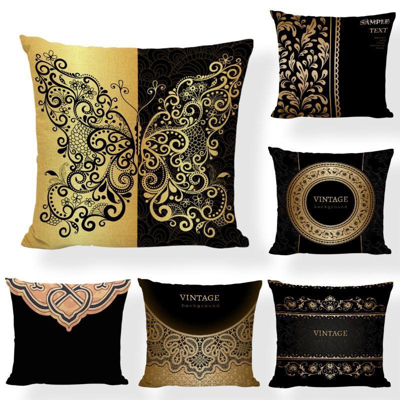 

Retro Geometric Cushion Cover 17*17 Inch Stitching Golden Pattern Black Background Butterfly Rock Chair Garden Decor Pillow Case1
