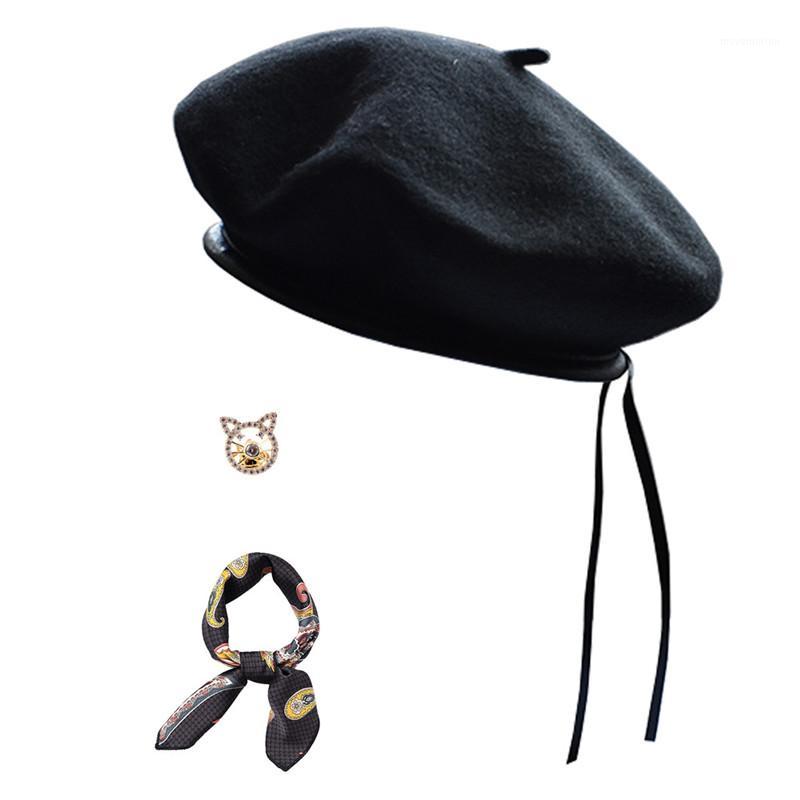 

DOUBCHOW Women's Wool PU Leather Trimmed Army French Berets Hat with Brooch Scarf Set 2020 Maiden Baret Beanie Cap1, Yellow