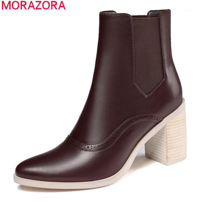 

MORAZORA 2020 New hot sale women brand boots genuine leather boots pointed toe high heels ankle ladies shoes black1, Black