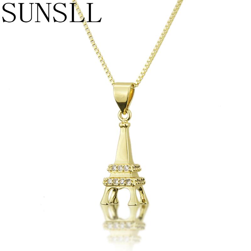 

SUNSLL New Gold Copper pendant White Zircon Eiffel Tower Necklace Ladies Fashion Birthday Party Jewelry Necklace chain Gift