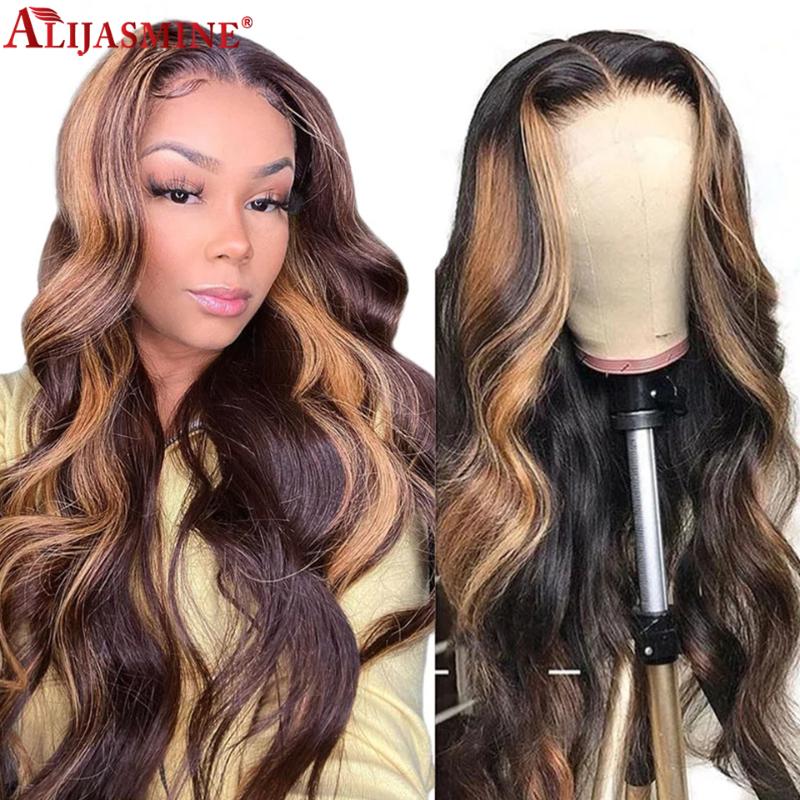 

Highlight Wig Body Wave Lace Front Wig 4/27 Brown Colored Human Hair Wigs For Black Women 180% Density Brazilian Remy Body Wave, As pic