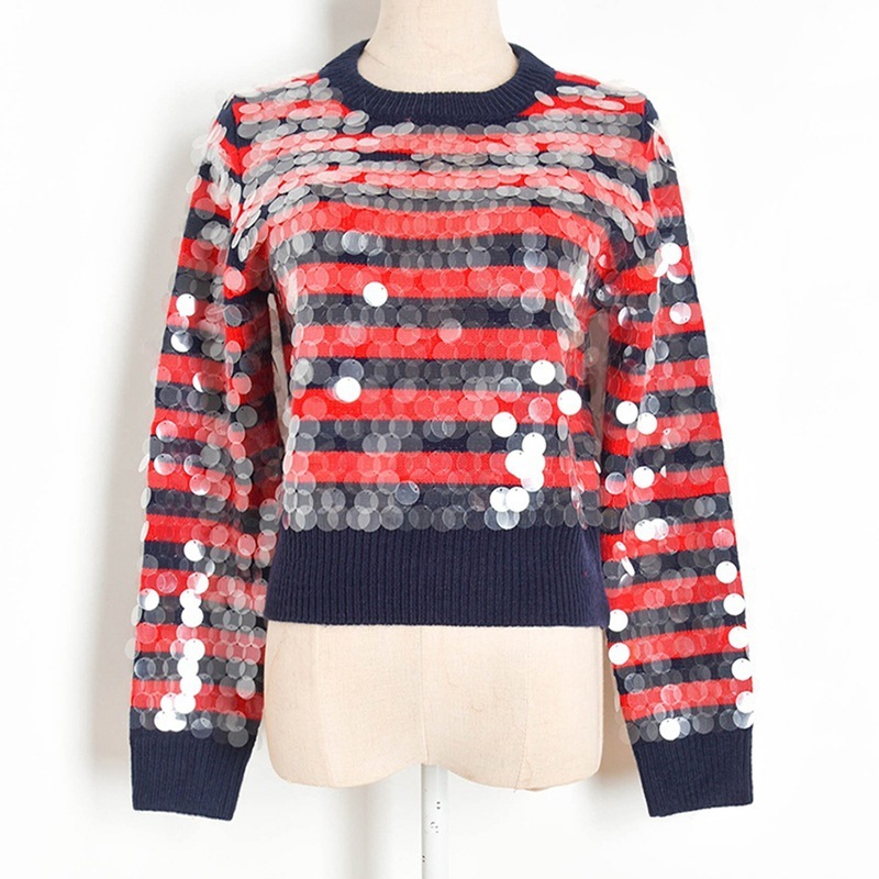 

2021 Fashion Female Blouses New Fall Chic Sheer Sequins Striped Pullovers High Street Round Collar Mesh Tops Swedish Mujer RH4P, Red