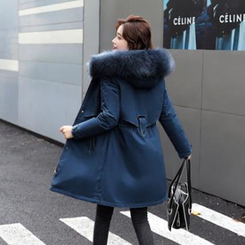 

Wholesale new style winter women's winter belt mid-length pie overcoming cotton jacket, Dark blue