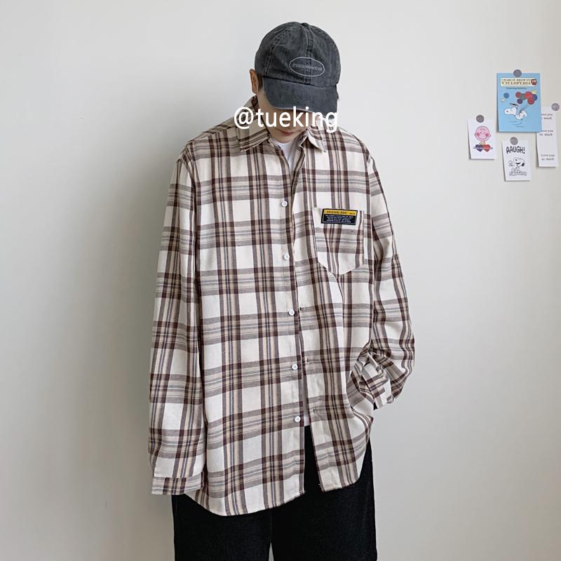 

2020 Spring And Autumn New Youth Popular Couple Plaid Long Sleeve Shirt Fashion Casual Loose Wild Top Jacket Red / Khaki -5XL