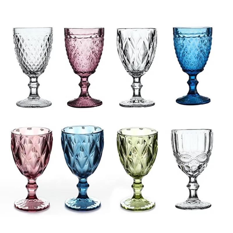 

Wine Glasses 4pcs/Set Coloured Goblet Glass 300ml 10.5oz Diamond Relief Thickened Champagne Water Juice Cup El Wedding Houseware
