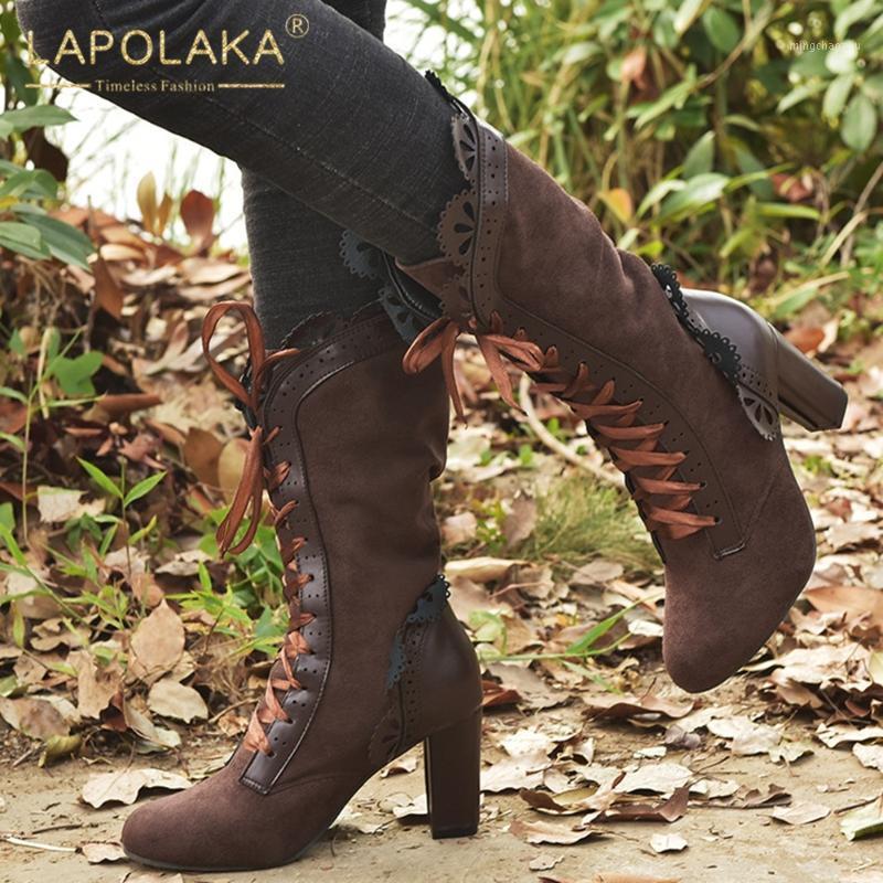 

Lapolaka 2020 Hot Sale Big Size 43 Chunky High Heels Mid Calf Boots Woman Shoes Lace Up Ruffles Mid Calf Boots Female1, Black