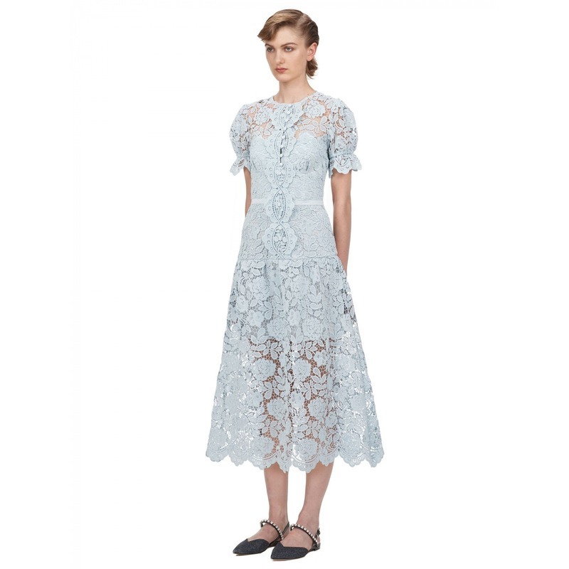 

New Self-portrait Dressed Mid-luxurious Lace Frilly Trimmings Thin Waist High-waisted Party Gowns From Sexy Hollow Lady's Fancy Dress A6no, Sky blue.