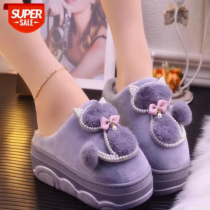 

Cotton Slippers Women Autumn Winter Home Indoor Ears Lovely Outdoor Thick Soled High Heel Plush Anti Slip Back Cat Flip Flops #3o9f, Deep blue