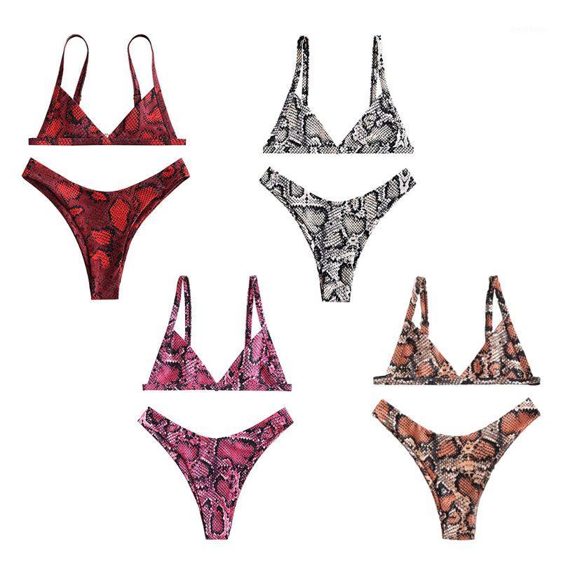 

2020 Women Sexy 2Pcs Bikini Set V-Neck Backless Bra High Cut Thong Snakeskin Swimsuit Summer Beachwear1