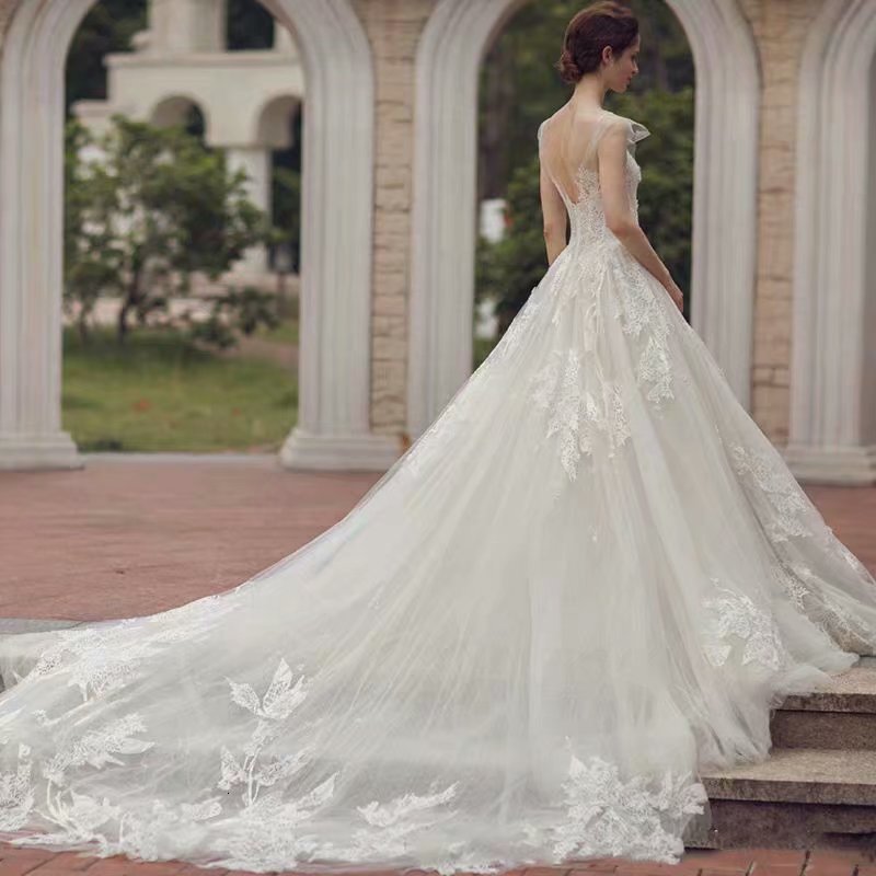 

2021 New Luxury Robe Lace Gown Sheer Wedding Tulle Long Neck Dress to Be U5KA, Same as the photos
