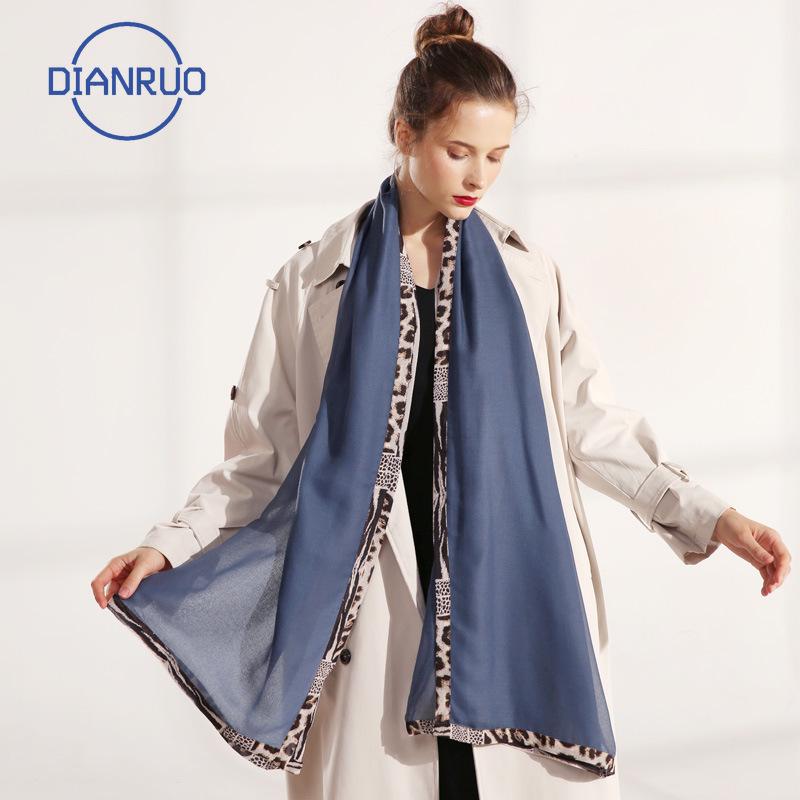 

DIANRUO Summer Vintage Solid Patched Leopard Edge Scarf Women Silk Scarf Big Size Women Scarves Shawl Print Chiffon Hijab N525