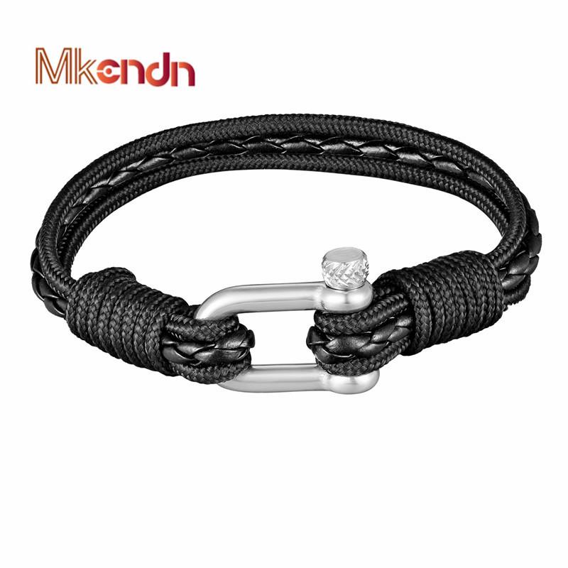 

MKENDN New Fashion Sport Camping Parachute Leather Bracelet Stainless Steel Wristband Men Jewelry Pulseras