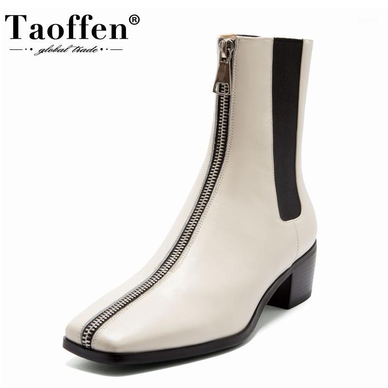 

TAOFFEN Real Leather Women Ankle Boots Front Zipper New Design Square Toe Shoes Flats Winter Boots Party Footwear Size 34-391, Black