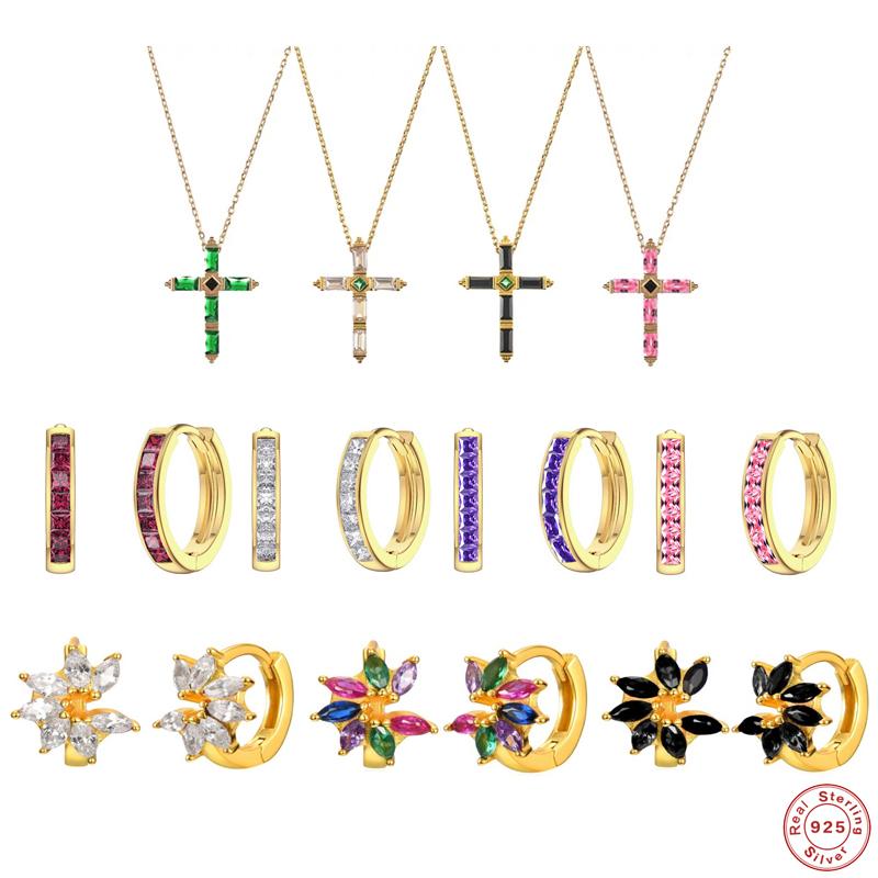 

Bracelet, Earrings & Necklace GS 925 Sterling Silver Colored Zircon Cross Pendant Rainbow Crystal Huggie Flower Hoop Circle Pendiente Clip, Black