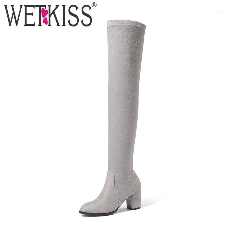 

WETKISS 2020 Big Size Lady Sexy Stretch Thigh High Boot Women Thick High Heels Shoes Woman Faux Suede Over Knee Boot Winter1, Red