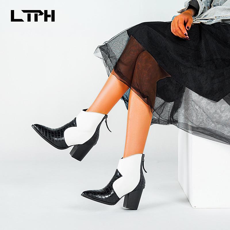 

LPTH 2020 Autumn new arrival fashion boots Square heel Pointed Toe Check Mixed Colors Glossy design PU Short tube women shoes, Beige