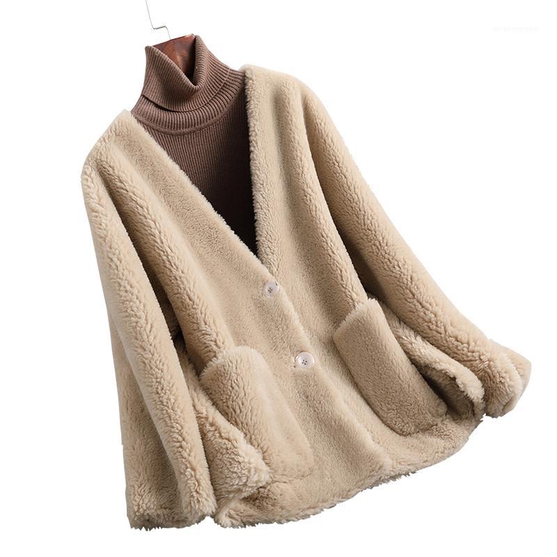 

2020 women's clothing winter outerwear coats new fashion sheep shearing coat female short paragraph V-neck coat particles 10231, Red