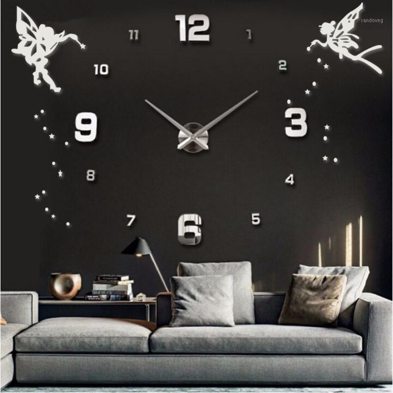 

3D DIY Large Wall Clock Modern Design Angel Wall Sticker Clocks Silent Self adhesive Acrylic Mirror Clock for Living Room1