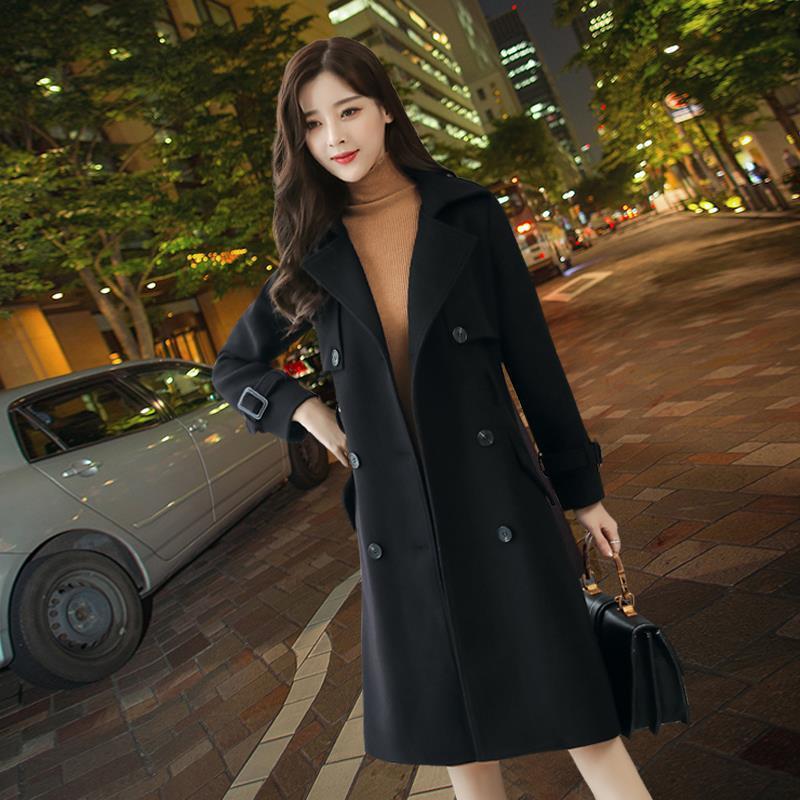 

Women 2020 Autumn Winter Double Breasted Slim Outwears Female Solid Color Long Coats with Belt Ladies Warm Woolen Overcoats V278, Black