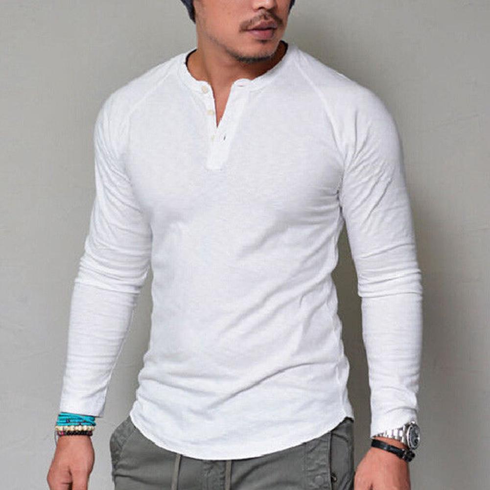 

Men T Shirt Casual Solid Color O Neck Long Sleeve Buttons Plus Size Slim Blouse T-shirt Mens Fitness Streetwear kg-1639, White