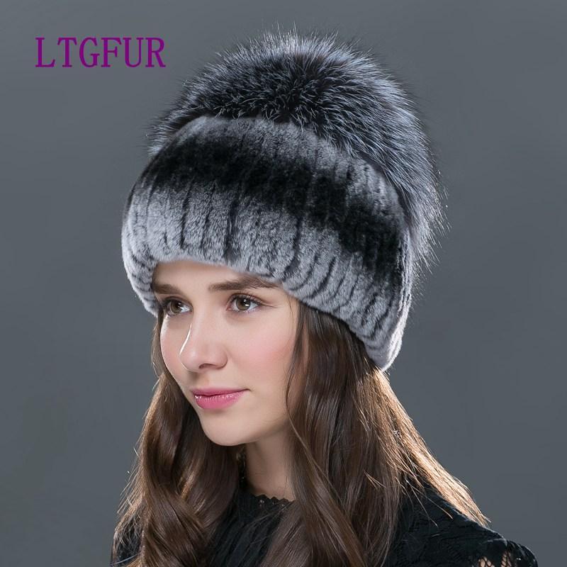 

LTG FUR 2020 new fashion women winter hat for with fur top female elastic knitted cap Winter women rex hat, Color 4
