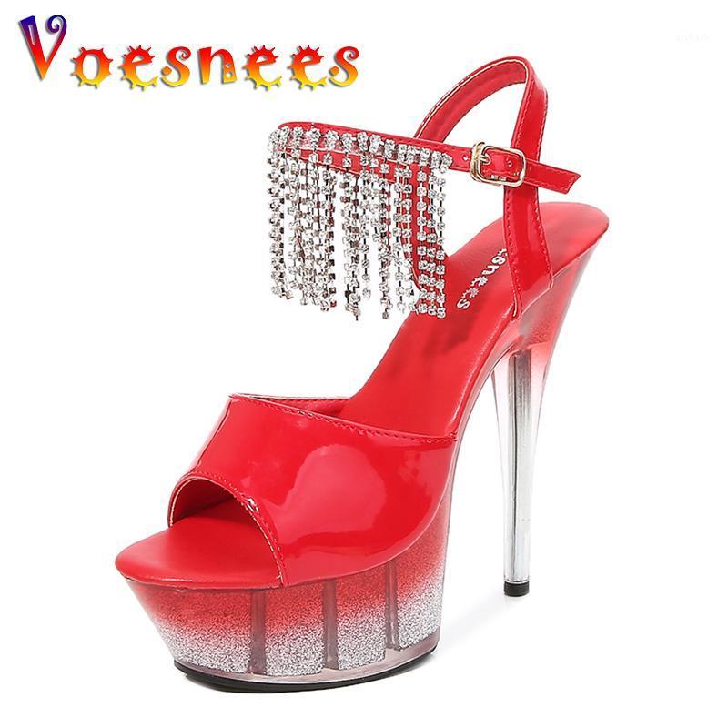 

Voeseees Brand Women Sexy Shoes Gladiator Platform Clear Heel Fringe Thin Heels Ankle Strap Bling Sexy Stripers Dance Sandals1, As picture shown