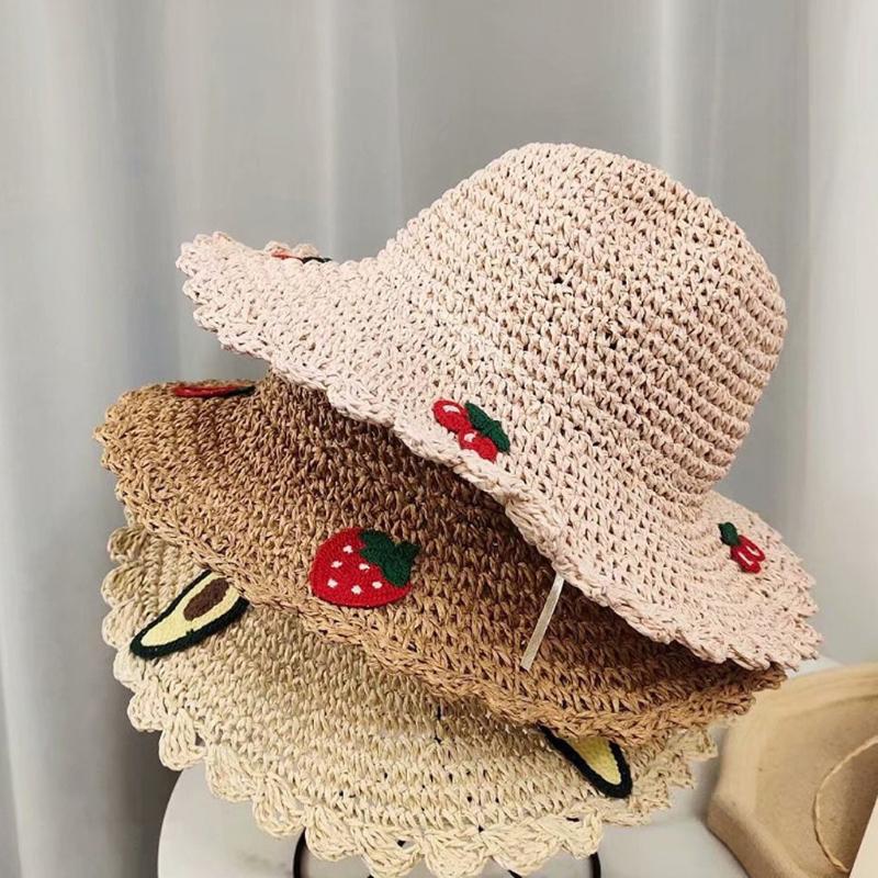 

Fruit Strawberry Fashion Bucket Hat Newborn Baby Girl Sunscreen Hairdress Caps Summer Fisherman Hats Kids Girls Beach Straw Cap, Beige