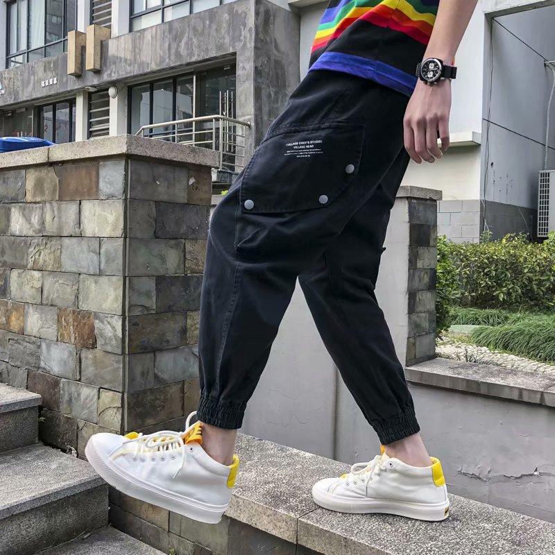 

New Big Pocket Casual Pants Men's Tide Korean Version of Loose Harem Pants Ins Super Fire Student Costume Foot, Black