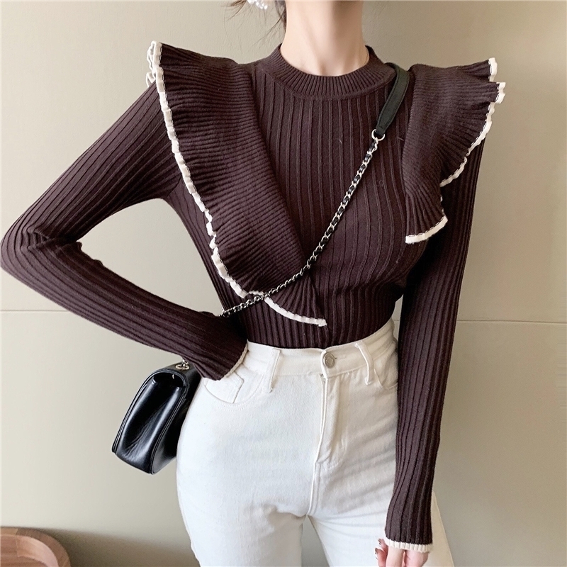 

Mozuleva Sweet O-neck Ruffles Women Knitted Sweater Autumn Winter Warm Slim Long-sleeved Female Pullover Jumpers Vestidos 201203, Apricot