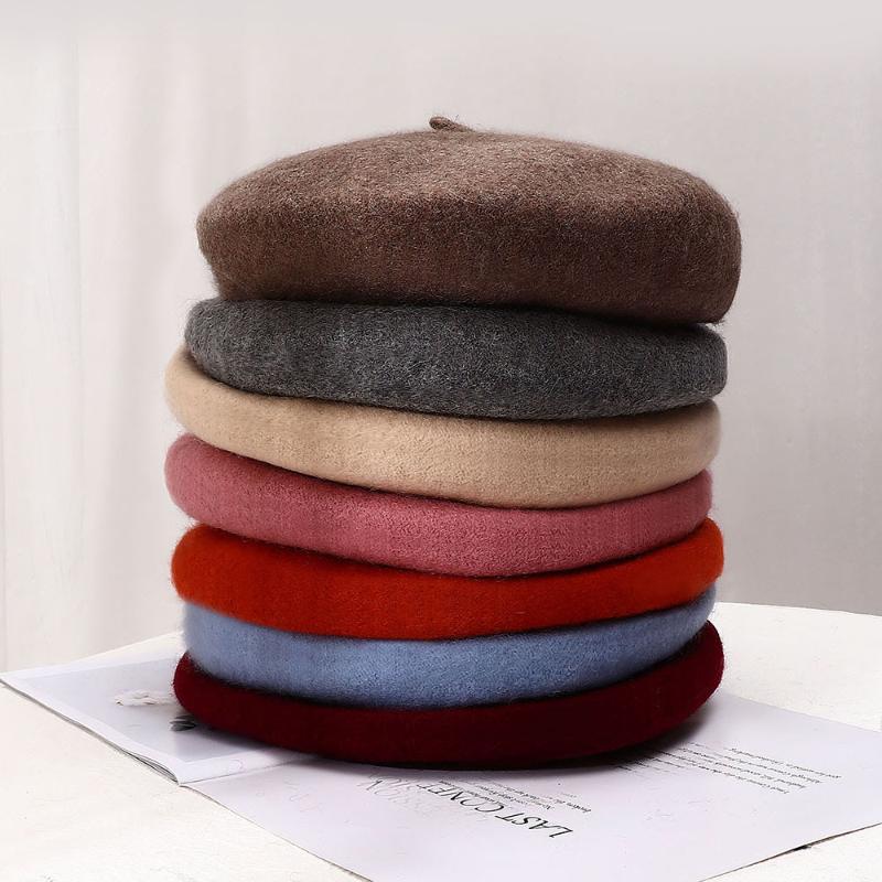 

2020 New Winter Warm Black Pink Faux Wool Beret Hat Bonnet Chapeau Femme Flat French Baret Hats Caps for Women Boinas Para Mujer