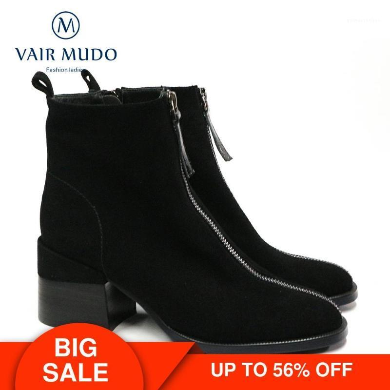 

VAIR MUDO Ankle Boots Autumn Winter Fashion Thick Heels Shoes Women Genuine Leather Sexy Elegant Zipper Black and purple DX471
