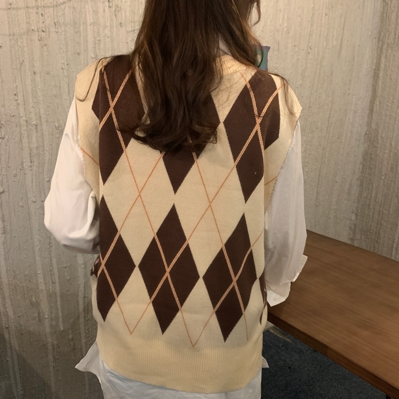 

Vintage V Neck Sleeveless Pullover Knitted Woman Sweaters Tops Sweater Vest Autumn Korean Style Geometric Argyle 201203, Multi