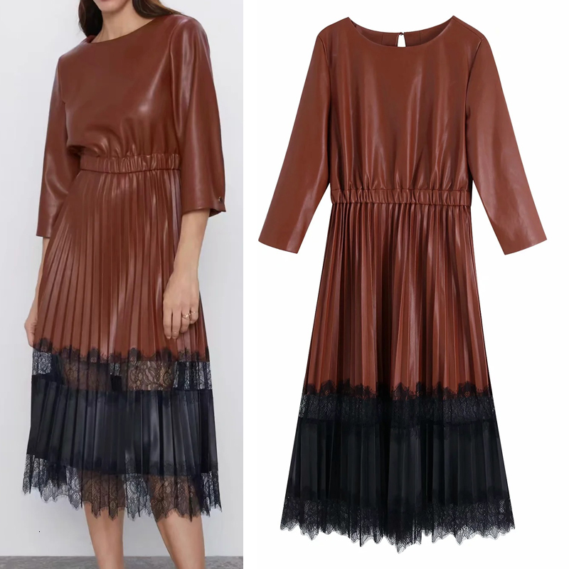 

New Brown Faux Leather Pleated Women Cut Out Patchwork Lace Long Sleeve Midi Dress 2021 Vintage Elegant Dresses Omg2