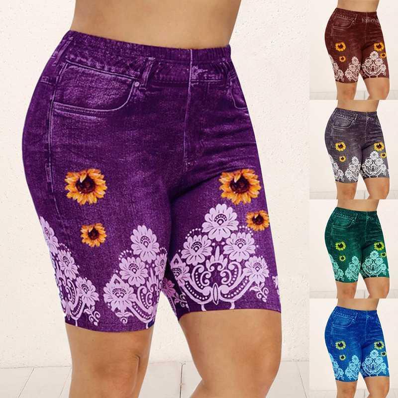 

Female 3D Denim Print Yoga Shorts Leggings Large Size Fashion Slim Elastic Trousers Cropped Pants Yoga Running Shorts1, Blue