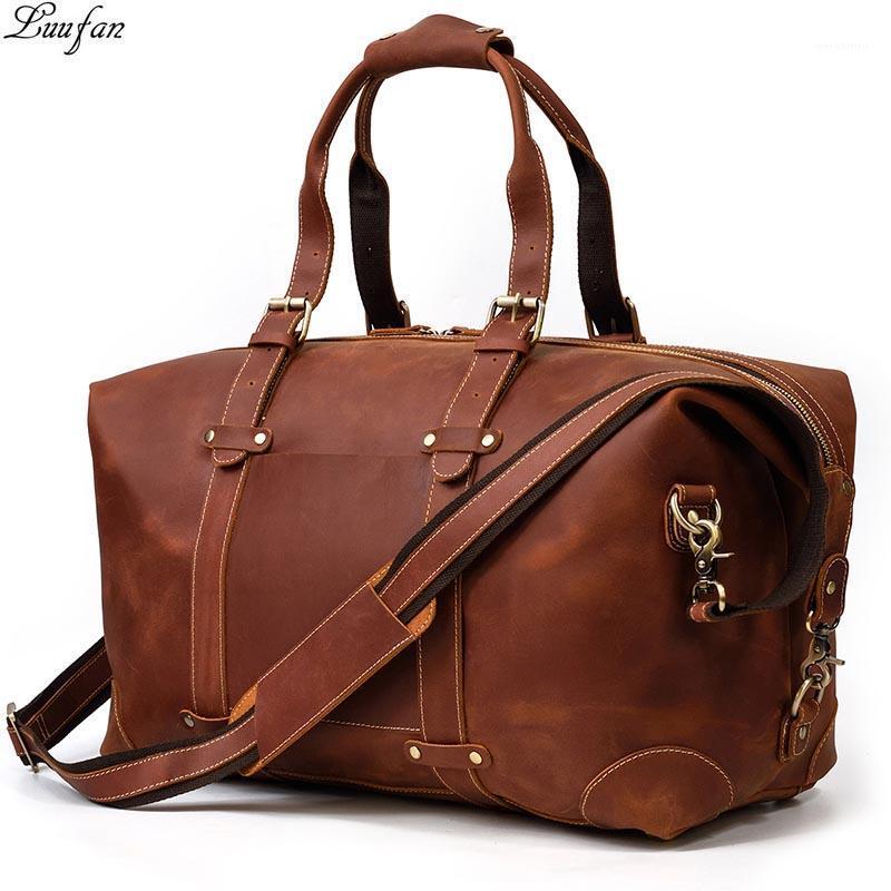 

Luufan Genuine Leather Men's Travel Bag Vintage Crazy Horse Leather Male Business Handbag Travel Duffel Big Capacity Luggage Bag1, Design1-brown