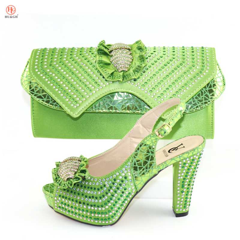

Green color NEW Arrival Decorated with rhinestones designs shoes and bag set Italian lady party sandals high heels pumps african, Gold