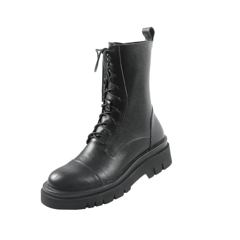 

2021 100% Cow Leather Women Ankle Lace Up Riding New Casual Shoes Woman Winter Warm High Heels Boots Size 42 43 S81p, White