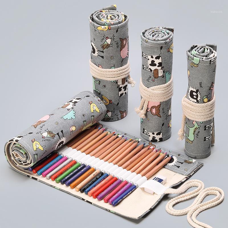 

12/24/36/48/72 Holes Cartoon Animal Canvas Pencil Case Stationery Painting Color Lead Roll Up Pen Curtain Student Supplies Gift1