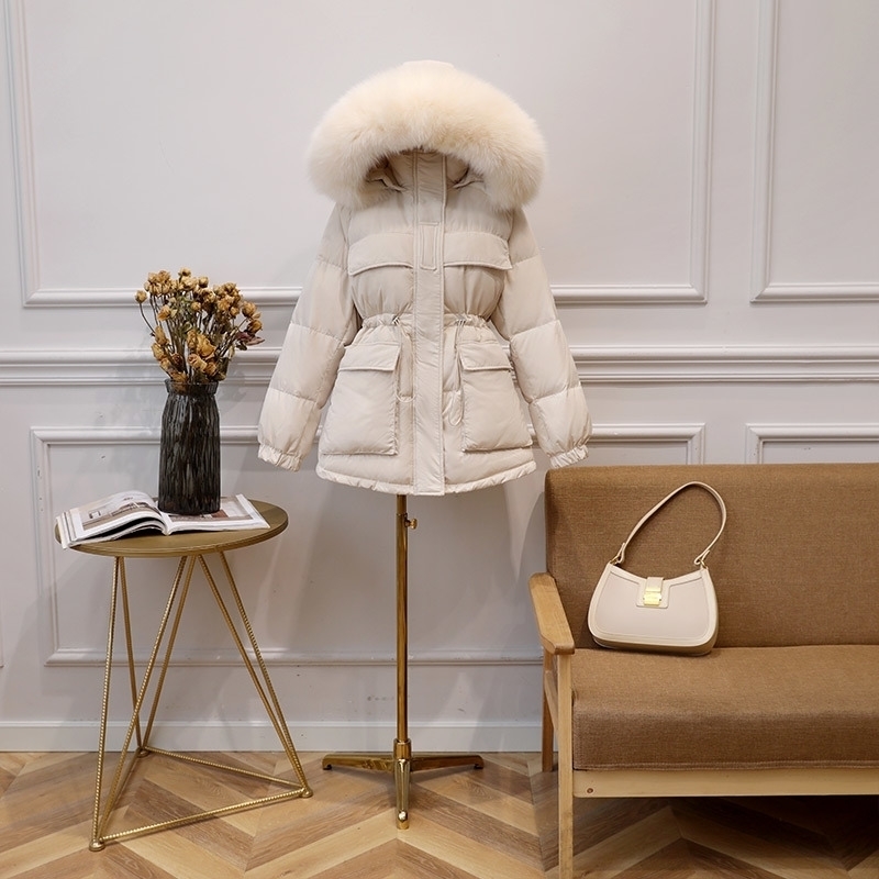 

Fitaylor Winter White Duck Down Jacket Women Large Real Fur Collar Hooded Parkas Short Design Slim Warm Overcoat 201127, Khaki beige fur