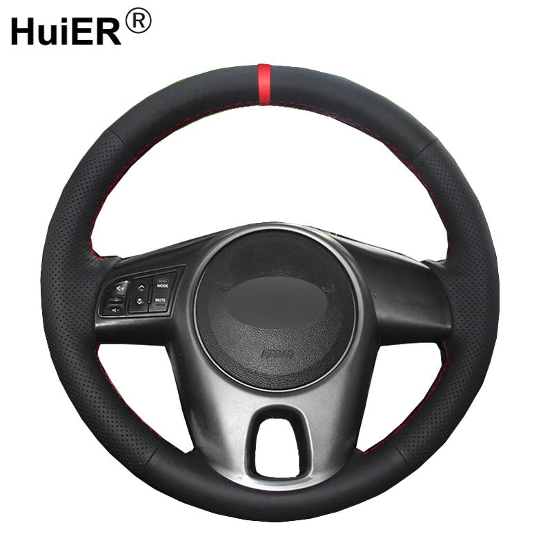 

HuiER Hand Sew Car Steering Wheel Cover Red Marker For Kia Forte Kia Soul Rio 2009-2011 Steering-wheel Auto Car Accessorie